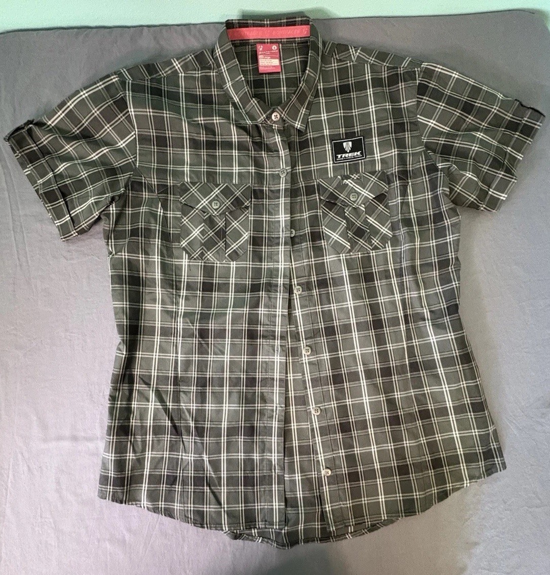 Bontrager Trek Womens Casual Cycling Button Up Shirt L NWOT PLaid Gray Check