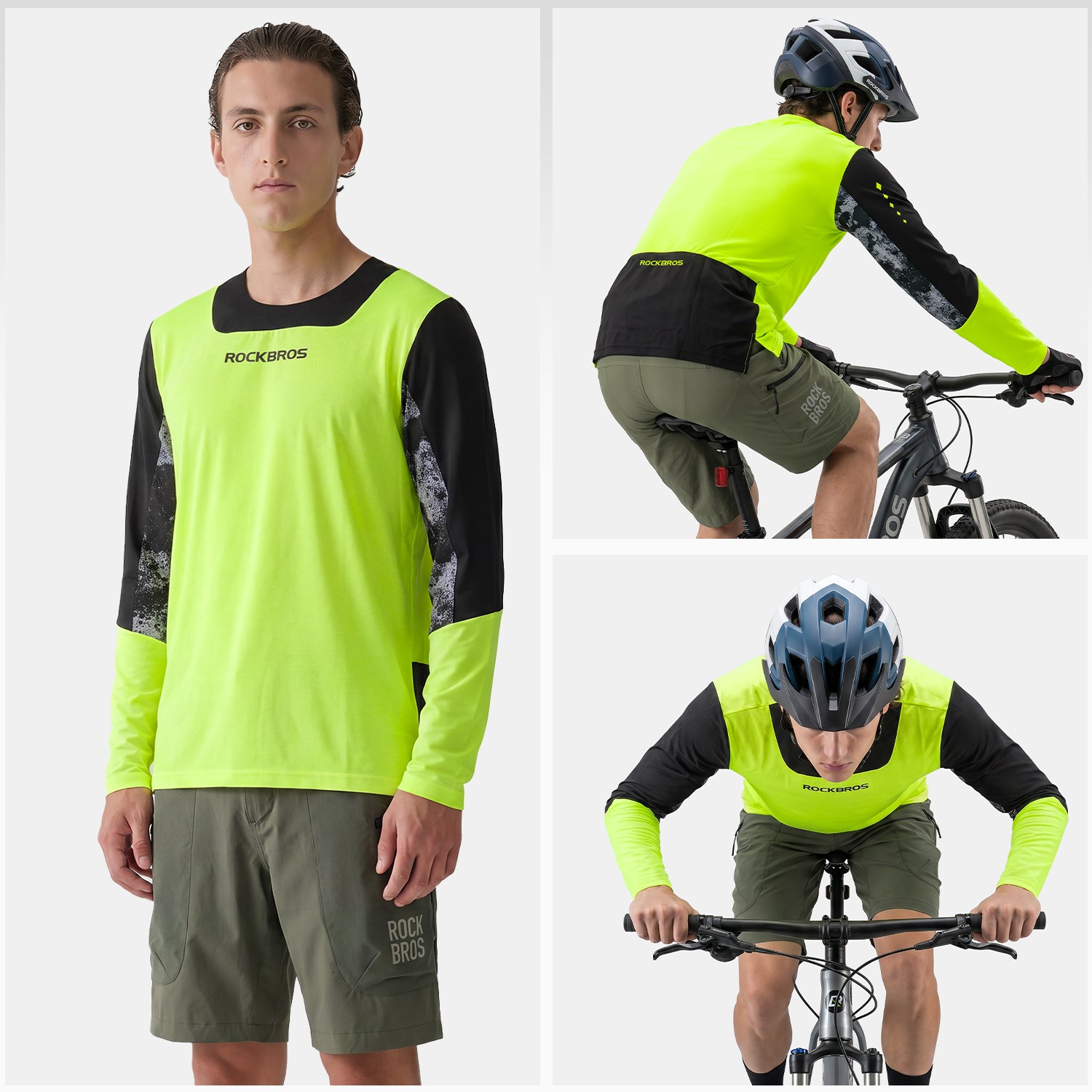 ROCKBROS Men’s Cycling Jersey Long Sleeve Fluorescent Green Breathable S-3XL