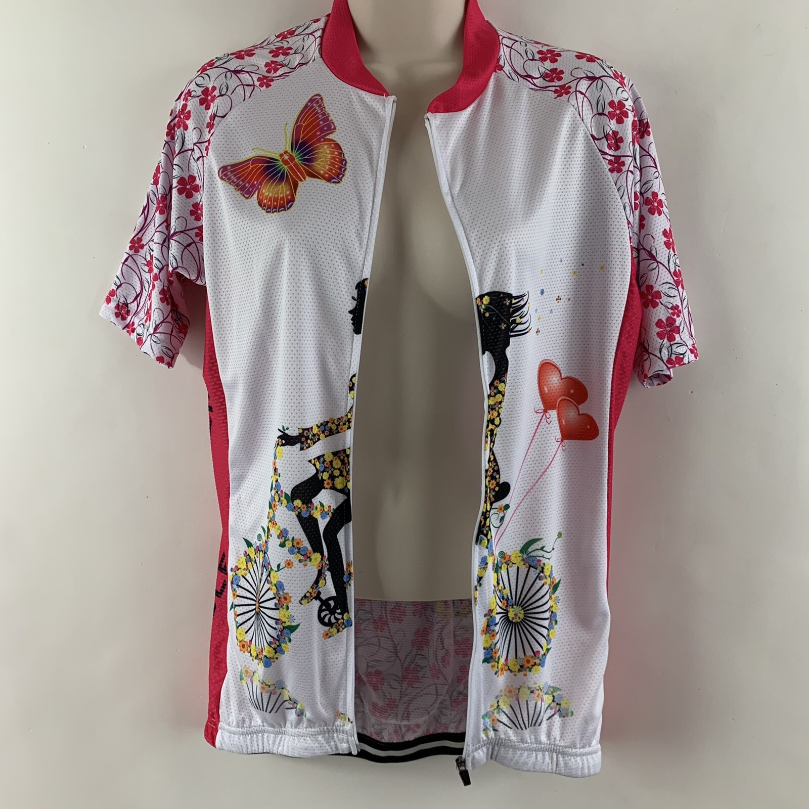 NWT Teleyi Women’s XL Floral Cycling Shirt, Full Zip (Pink & White)