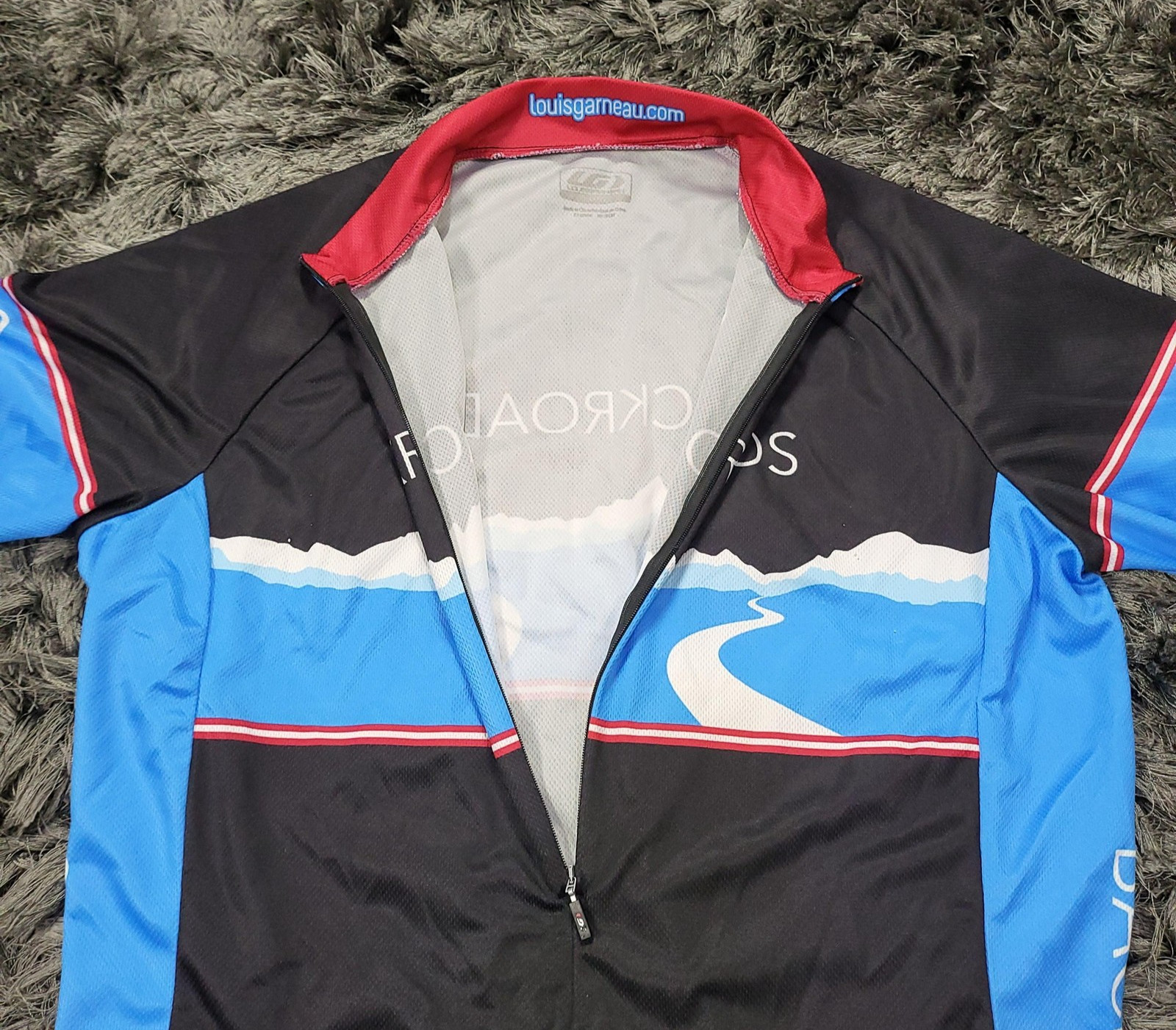 Louis Garneau Cycling Jersey Womens XL Black Blue 1/2 Zip Pockets Bike Backroads