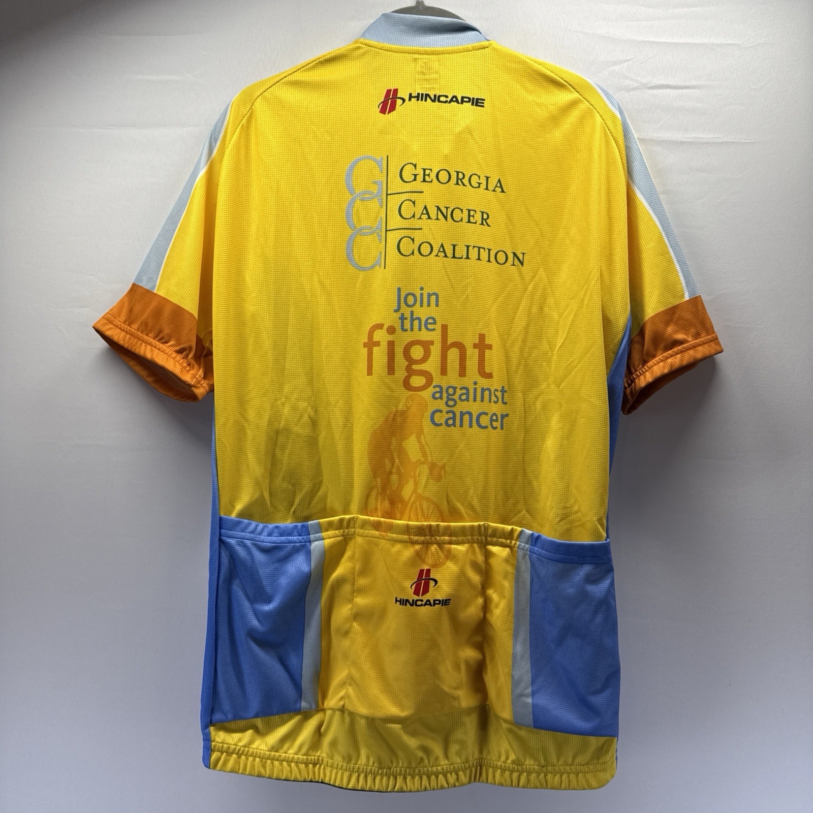 HINCAPIE Cycling Jersey Men’s XL Full Zip Yellow Blue Short Sleeve Fight Cancer