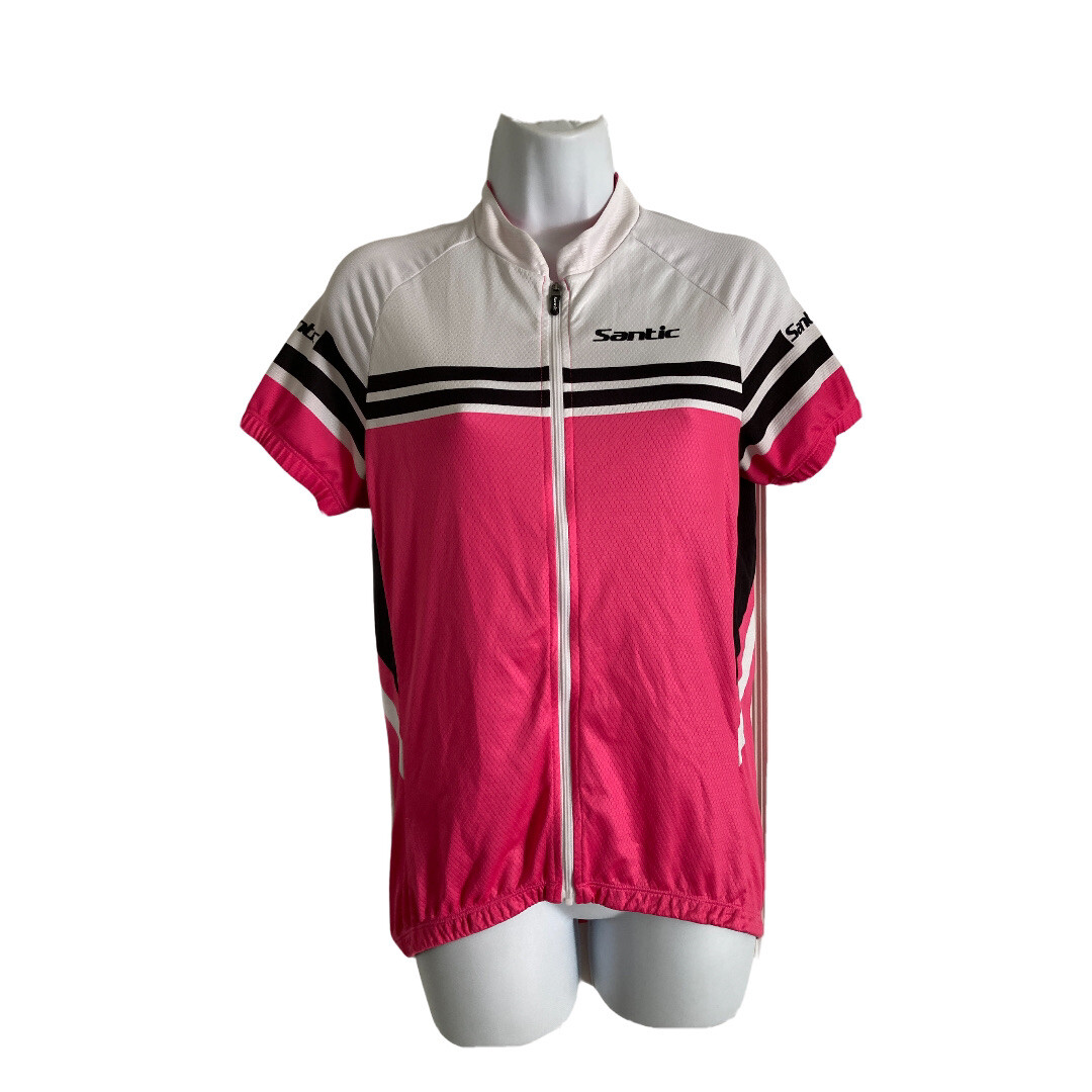 Santic Cycling Jersey Womens Sz Large Zip UP Short Sleeves Pink White Black