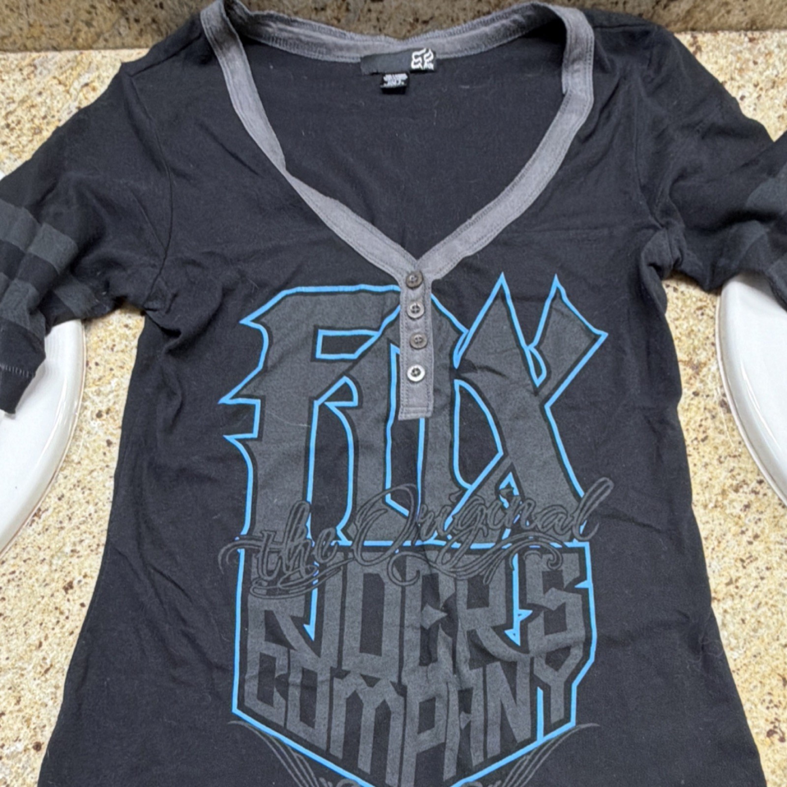 Fox Women’s Cycling T-Shirt Jersey S Black Gray Blue V Neck Button Front