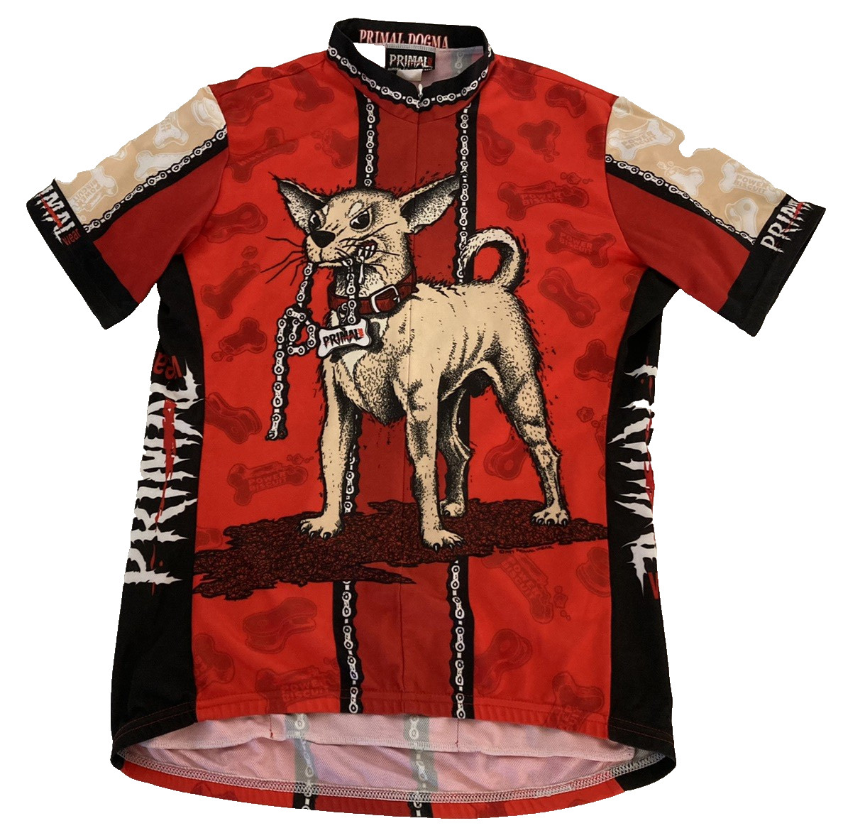 VTG 1997 Primal Wear Dogma Cycling Jersey Mens L Power Biscuit Dog 3/4 Zip AOP