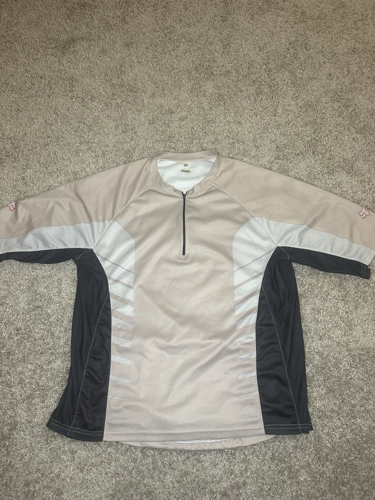 Vintage Fox Racing Cycling Jersey Mens L Tan Grey White 1/4 Zip Rear Pocket
