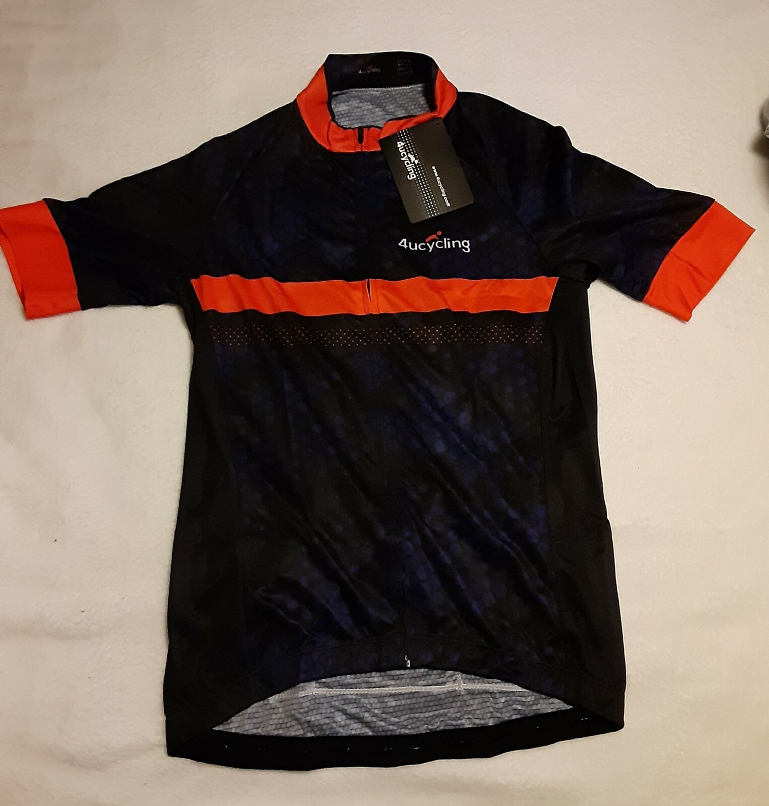 * NEW – 4Ucycling Cycle Jersey Size S Black With Orange & Blue Design 3 Pouches