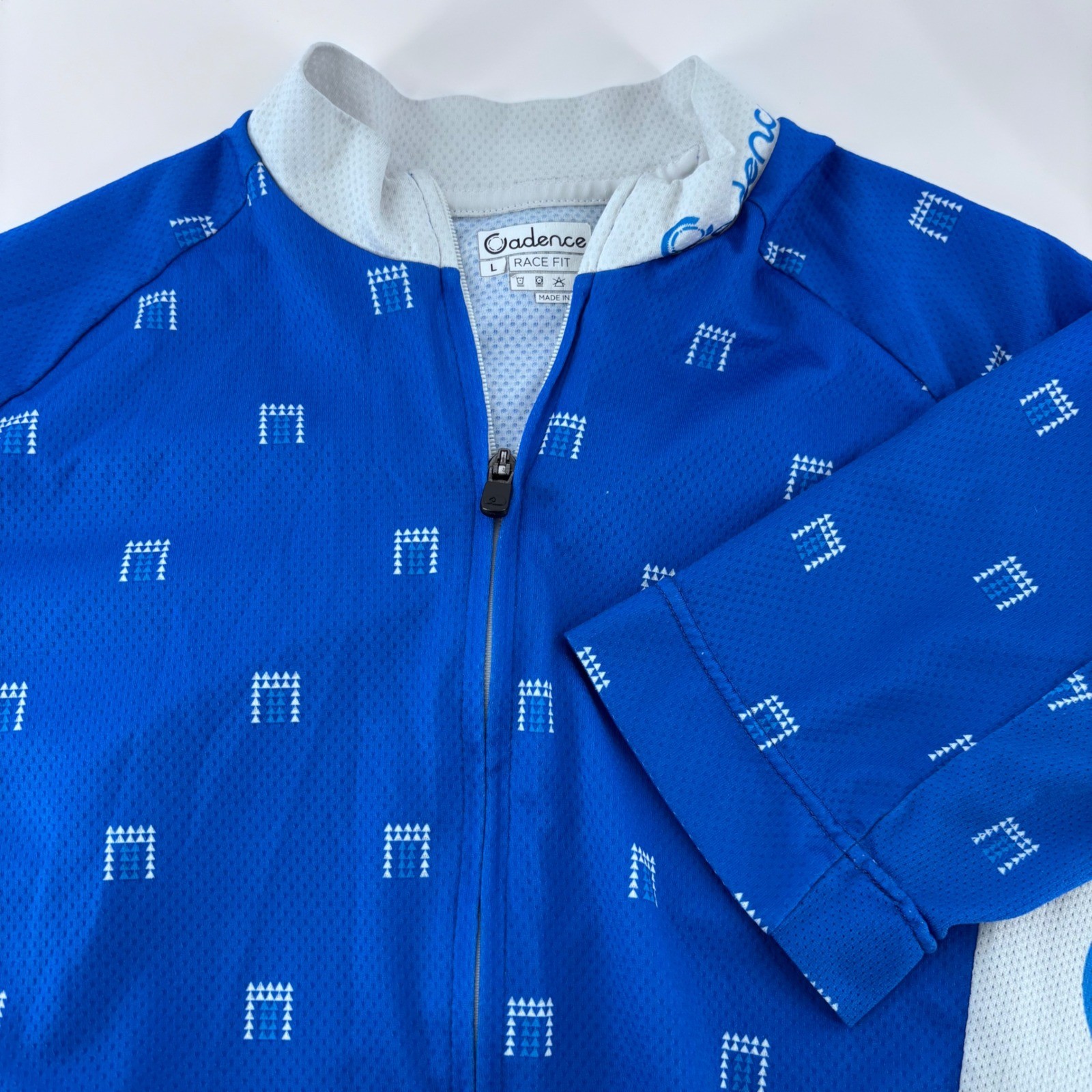 Cadence Cycling Jersey Mens Large Blue Geometric Race Fit Full Zip Made in Italy