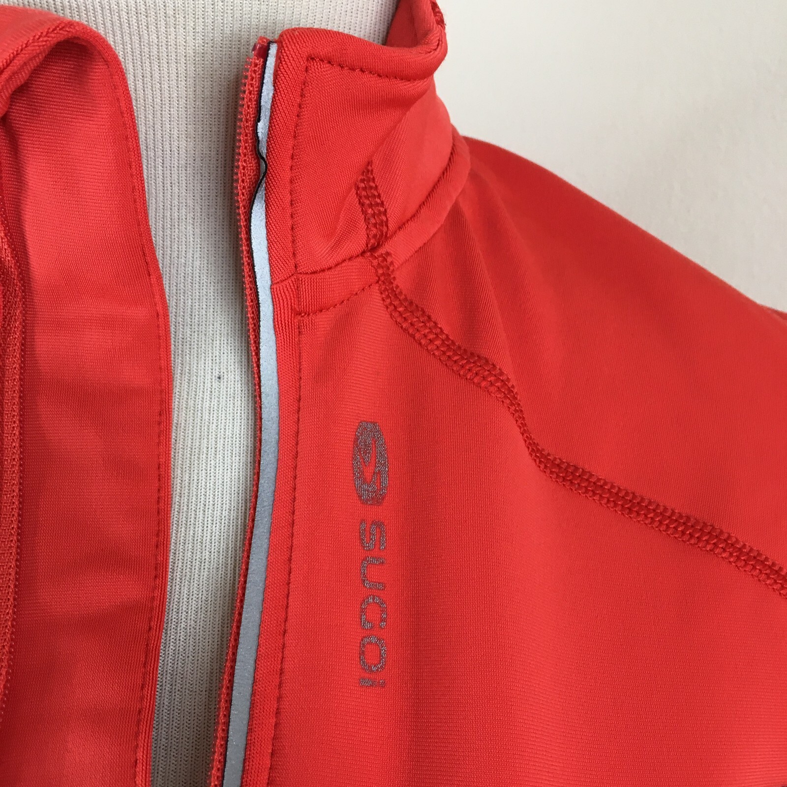 SUGOI sz Small Dark Orange Gray Trim Zip Pocket Cycling Biking Pullover Shirt