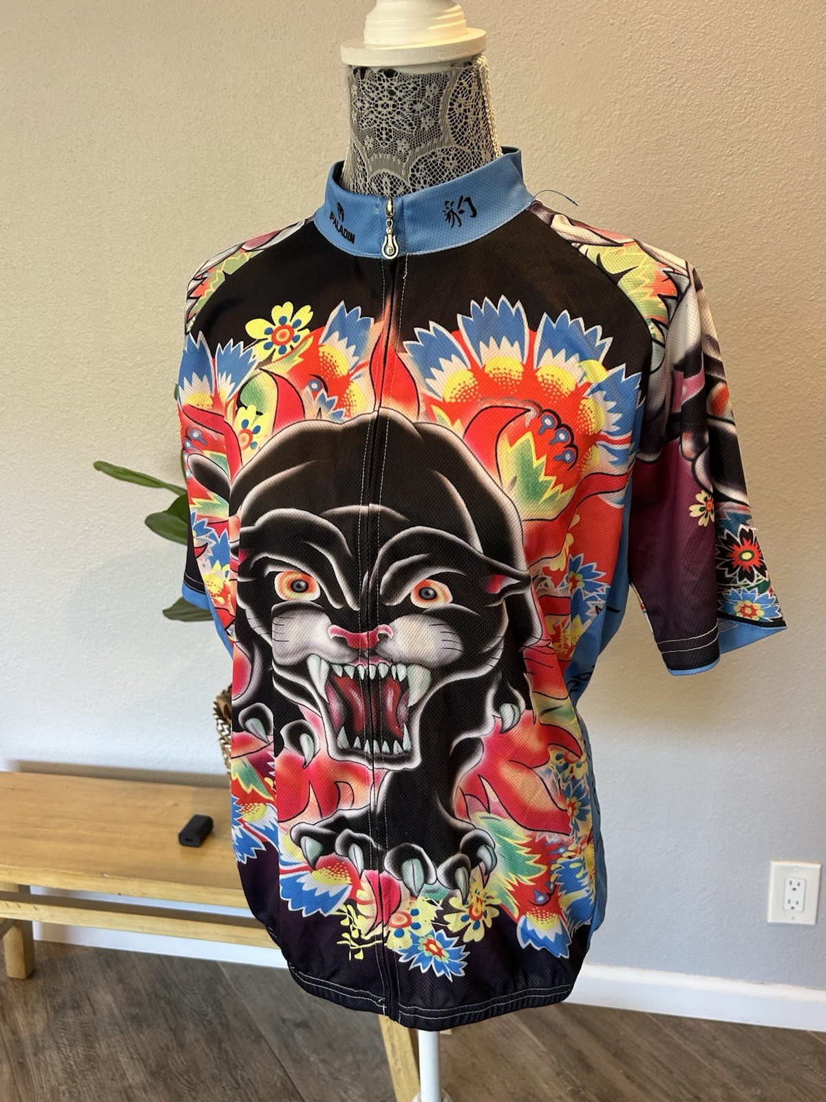 Paladin Floral Panther Tattoo Cycling Jersey Mens Sz 2XL Full Zip Hippie EUC
