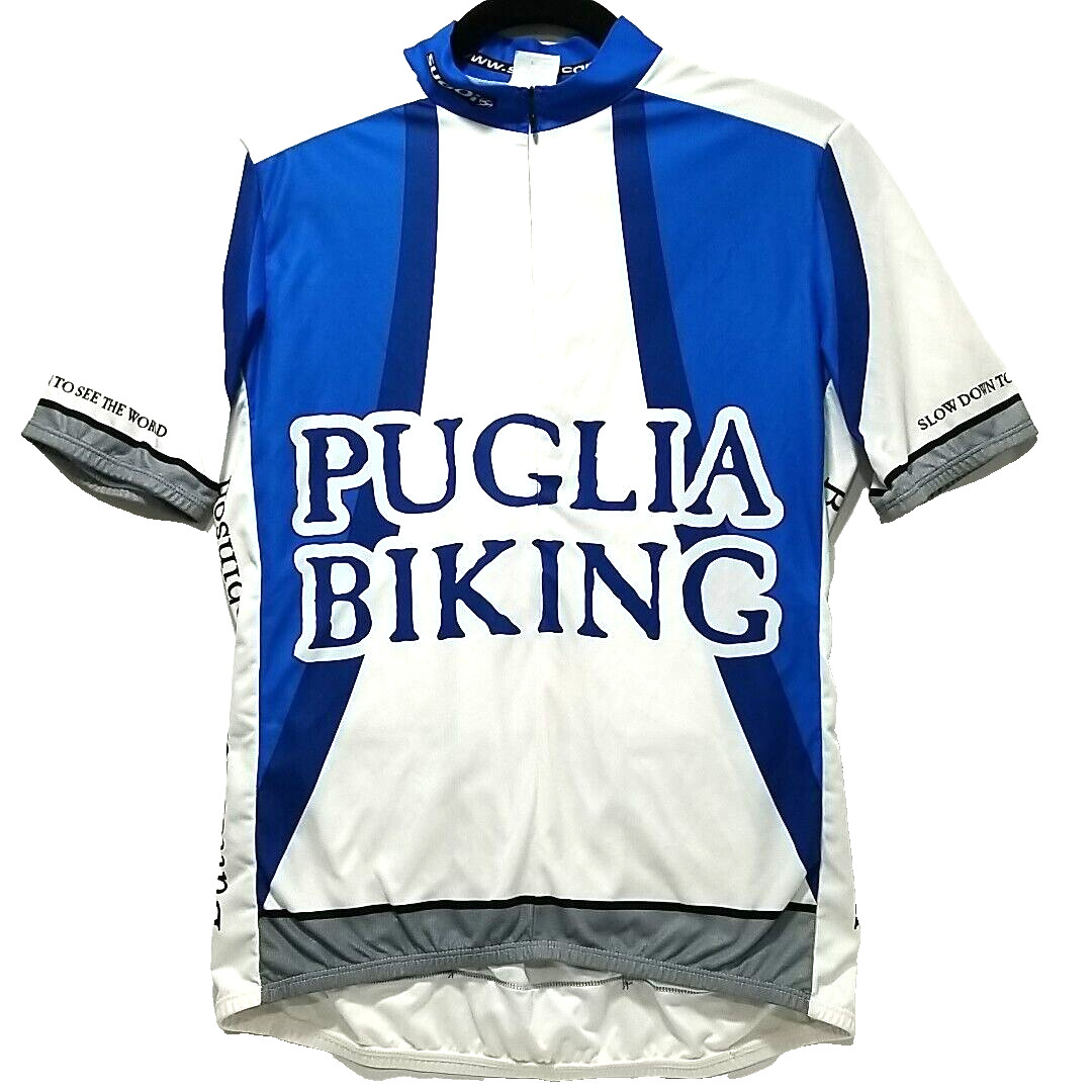 Sugoi Cycling Jersey Mens M Blue ½ Zip Mock Neck Short Sleeve 3 Pockets Logos