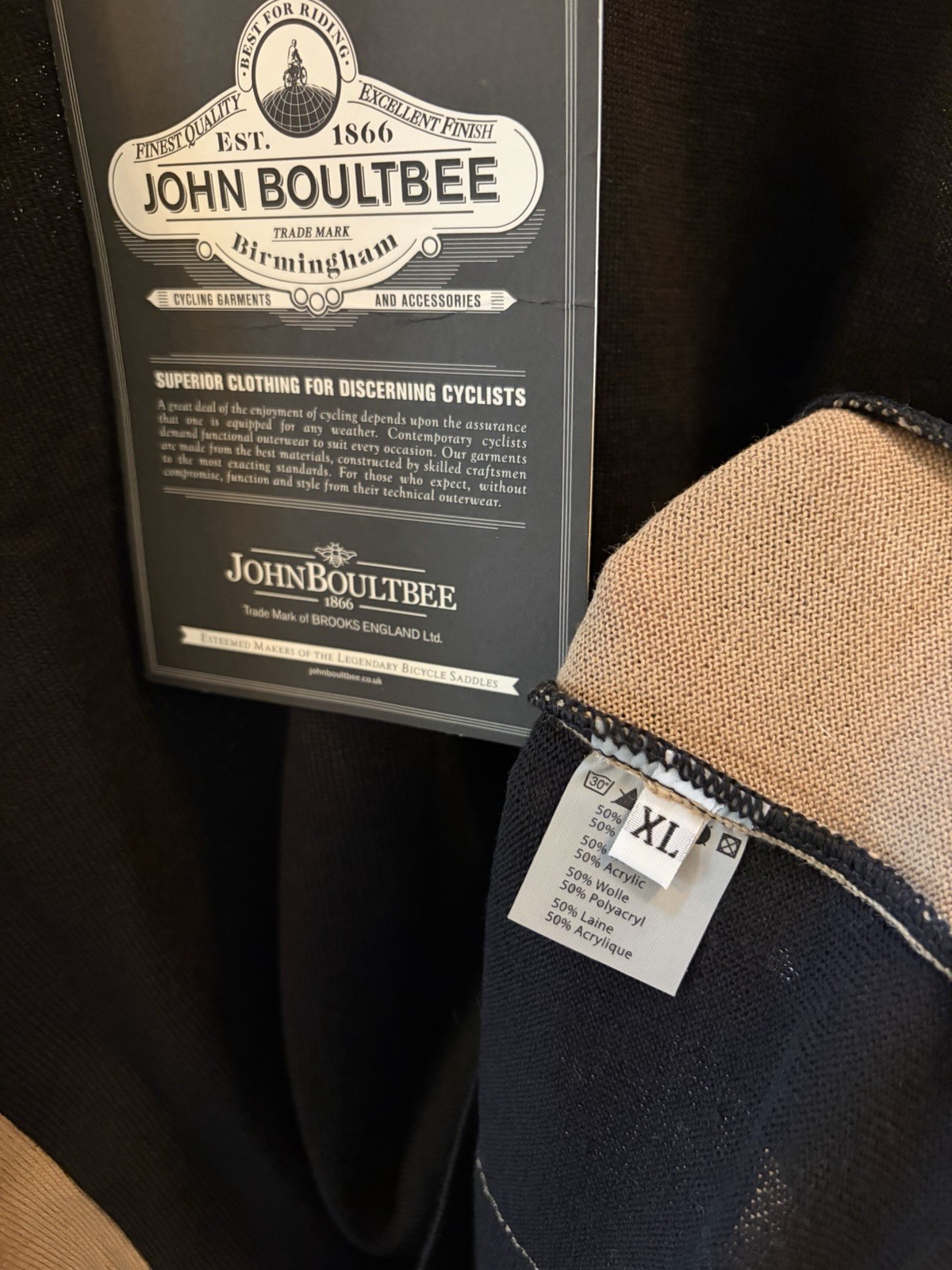 John Boultbee Men’s Cycling Jersey XL Black/Tan Colorblock Wool 1/4 Zip Pockets