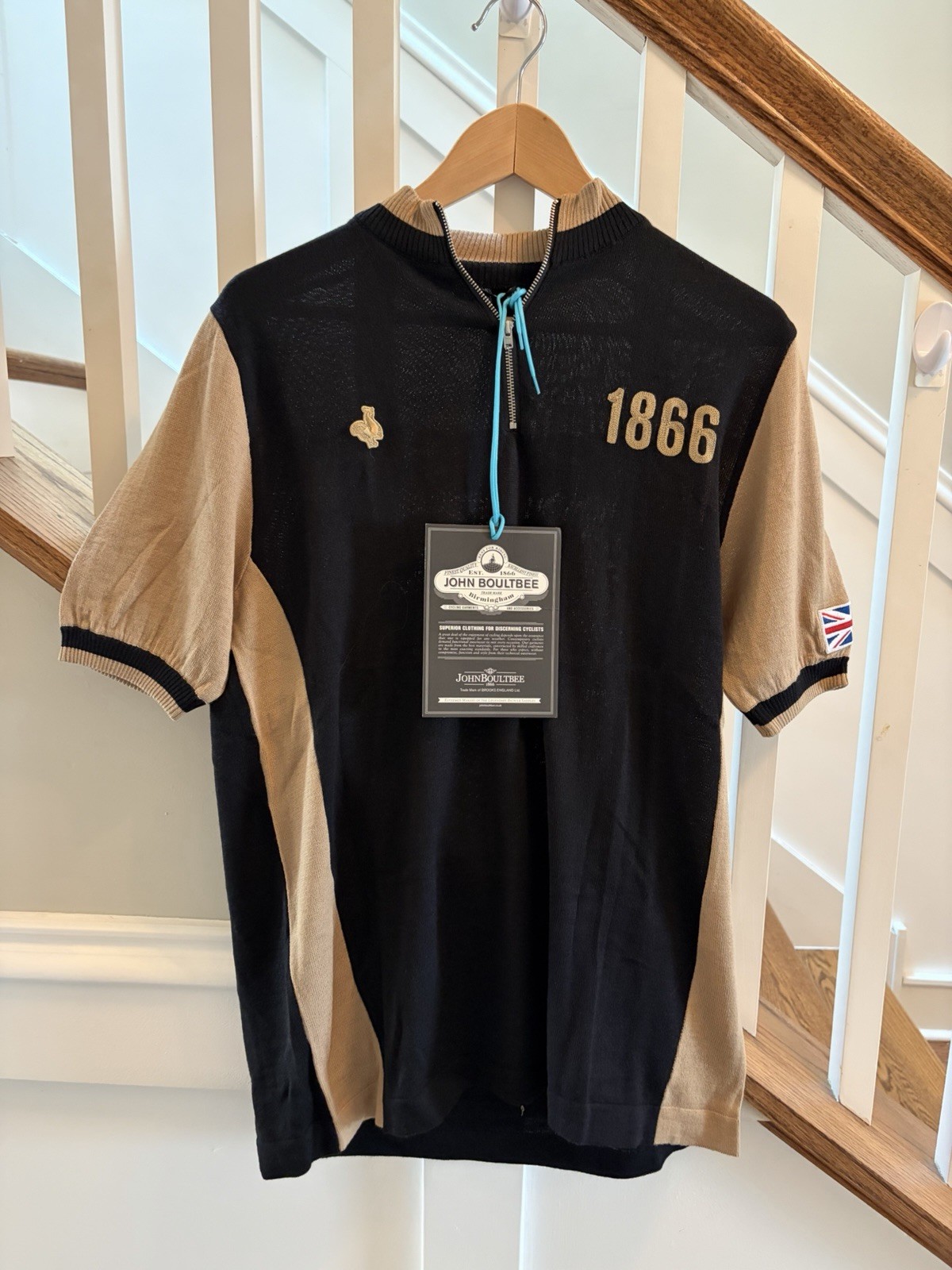 John Boultbee Men’s Cycling Jersey XL Black/Tan Colorblock Wool 1/4 Zip Pockets