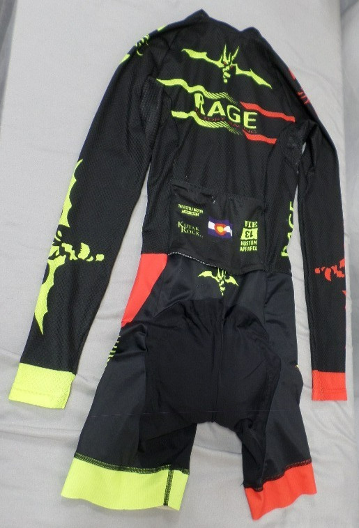 DESIGNER RAGE FACTORY CYCLING PADDED BLACK RED & YELLOW SUIT SIZE X-SMALL