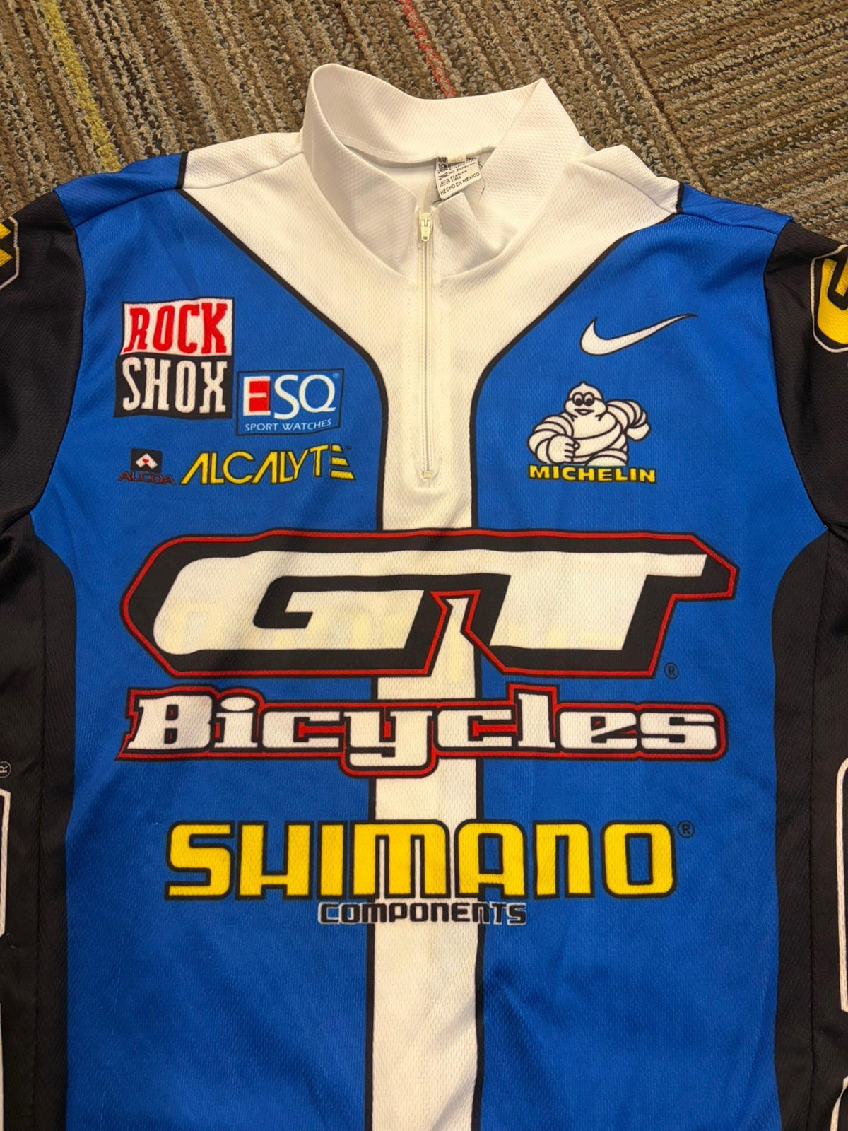 Vintage Nike GT Bicycles Cycling Jersey Vest Shimano Michelin Blue Mens Biking