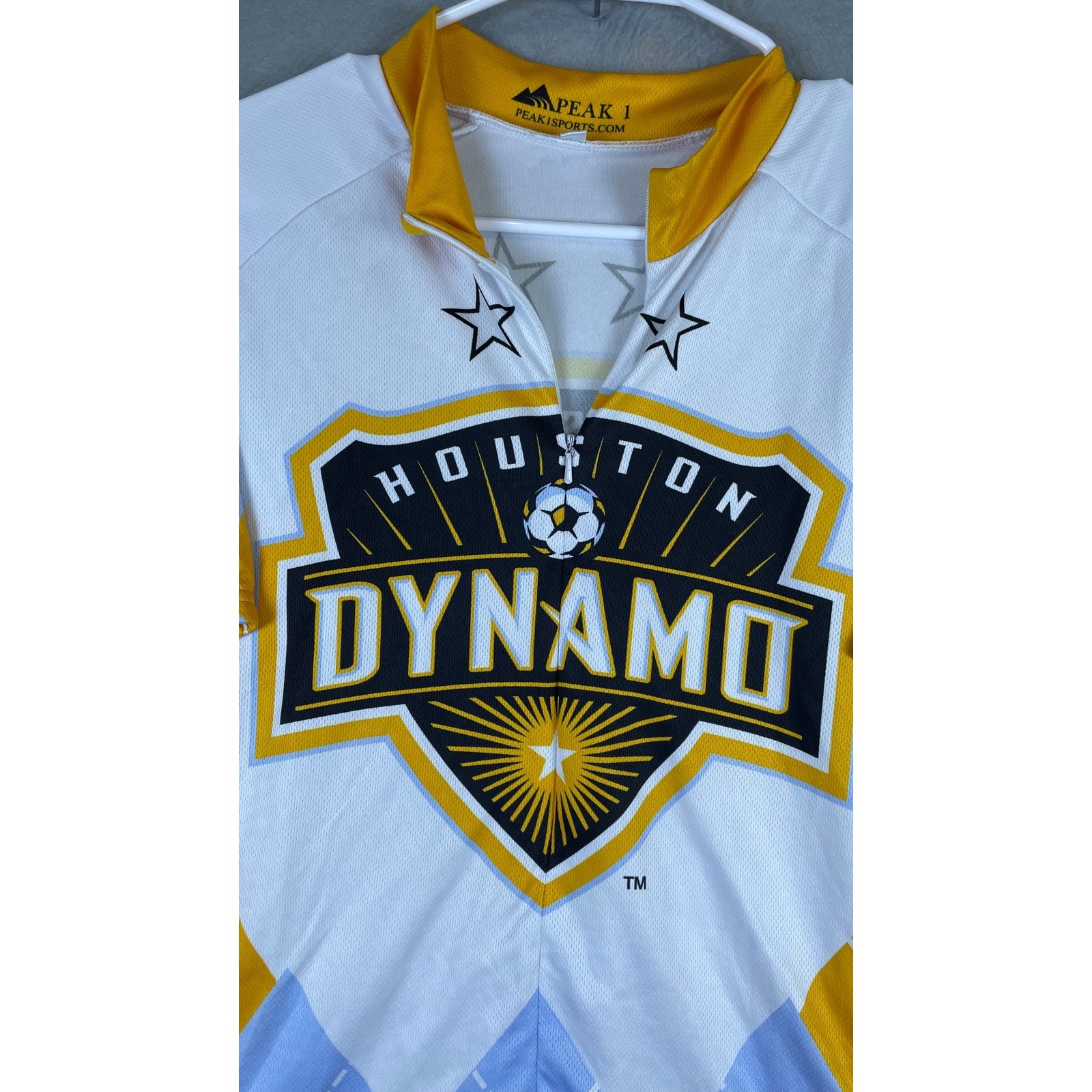 Peak 1 Houston Dynamo Cycling Jersey Mens S White Yellow Excellent MLS Argyle