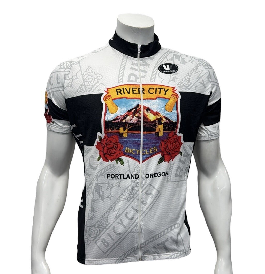 River City Bicycles Portland Oregon White Multi-Color Graphic Cycling Jersey