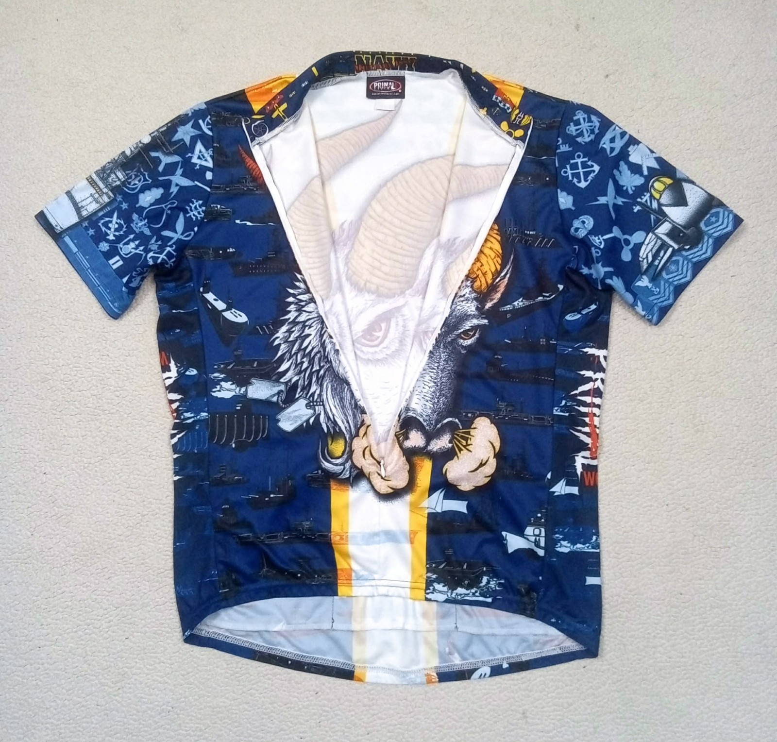 RARE VTG 90s Primal Wear USA Navy Pride Bill the Goat Cycling Jersey (Fits 2XL)