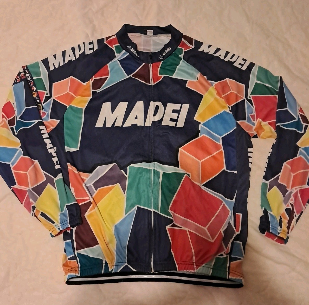 Mapei Cycling Jersey Mens XXXL Blue Multi Color Geometric Cube Long Sleeve Zip