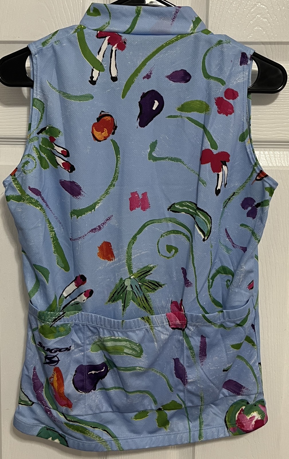 SUGOI Women’s Cycling Jersey Sleeveless Blue Floral Fruit Print Bike Top Medium