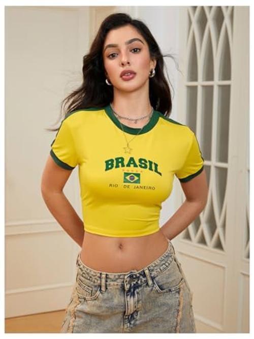 Women’s Brazil Shirt Crop Top Crewneck Vintage Short Sleeve Tops Medium Yellow