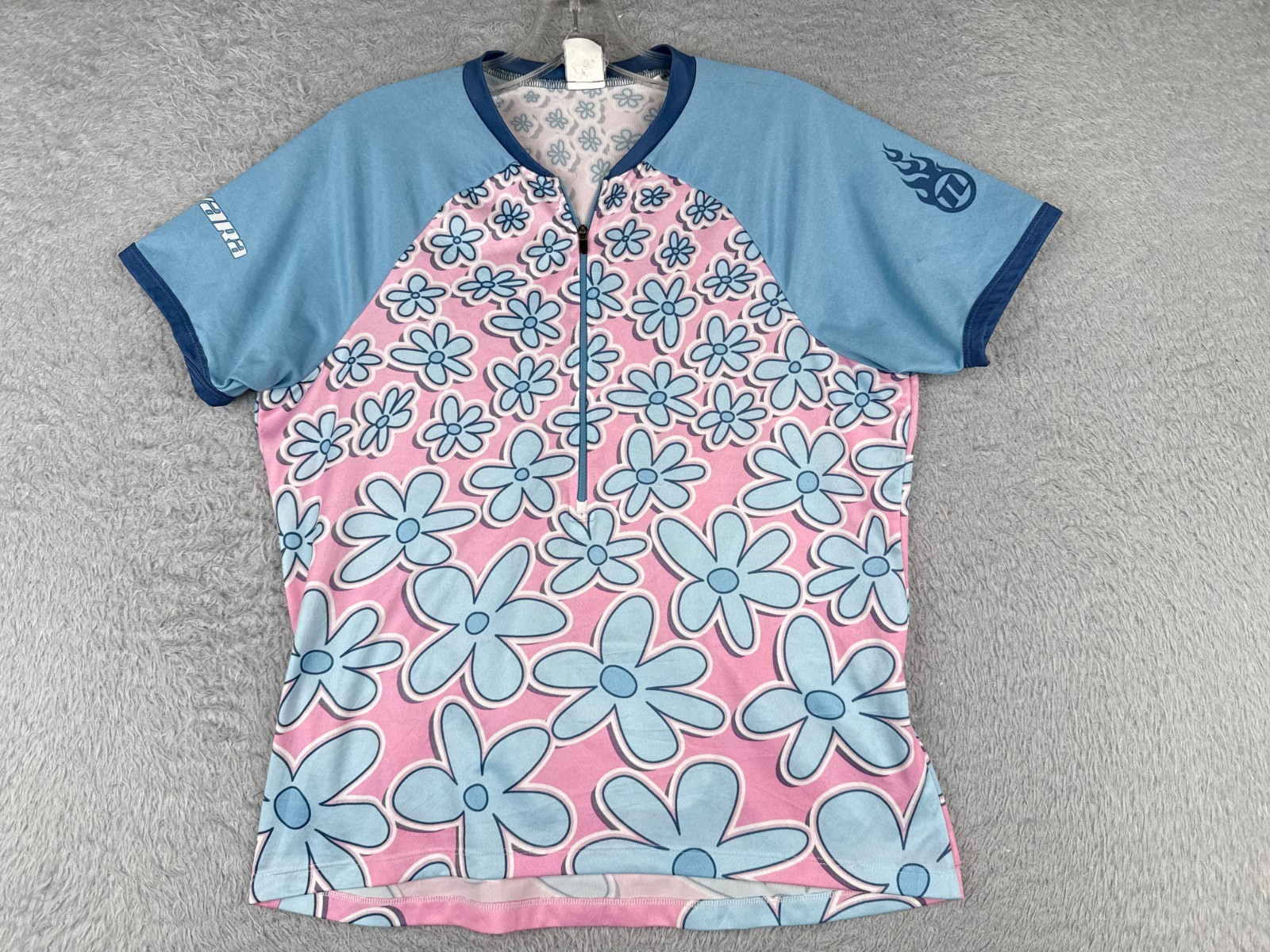 REI Cycling Jersey Women Medium Pink Blue Floral 1/2 Zip Polyester Pockets