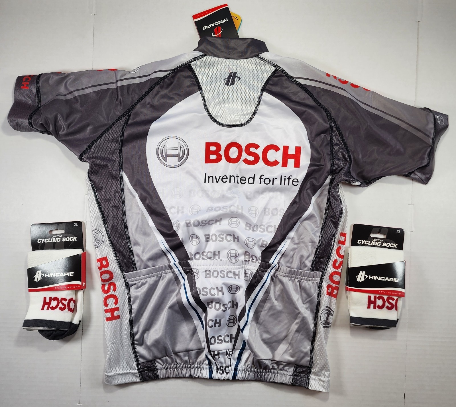 Hincapie Cycling Jersey Mens XL Gray White Graphic Athletic Race Fit Socks Bosch