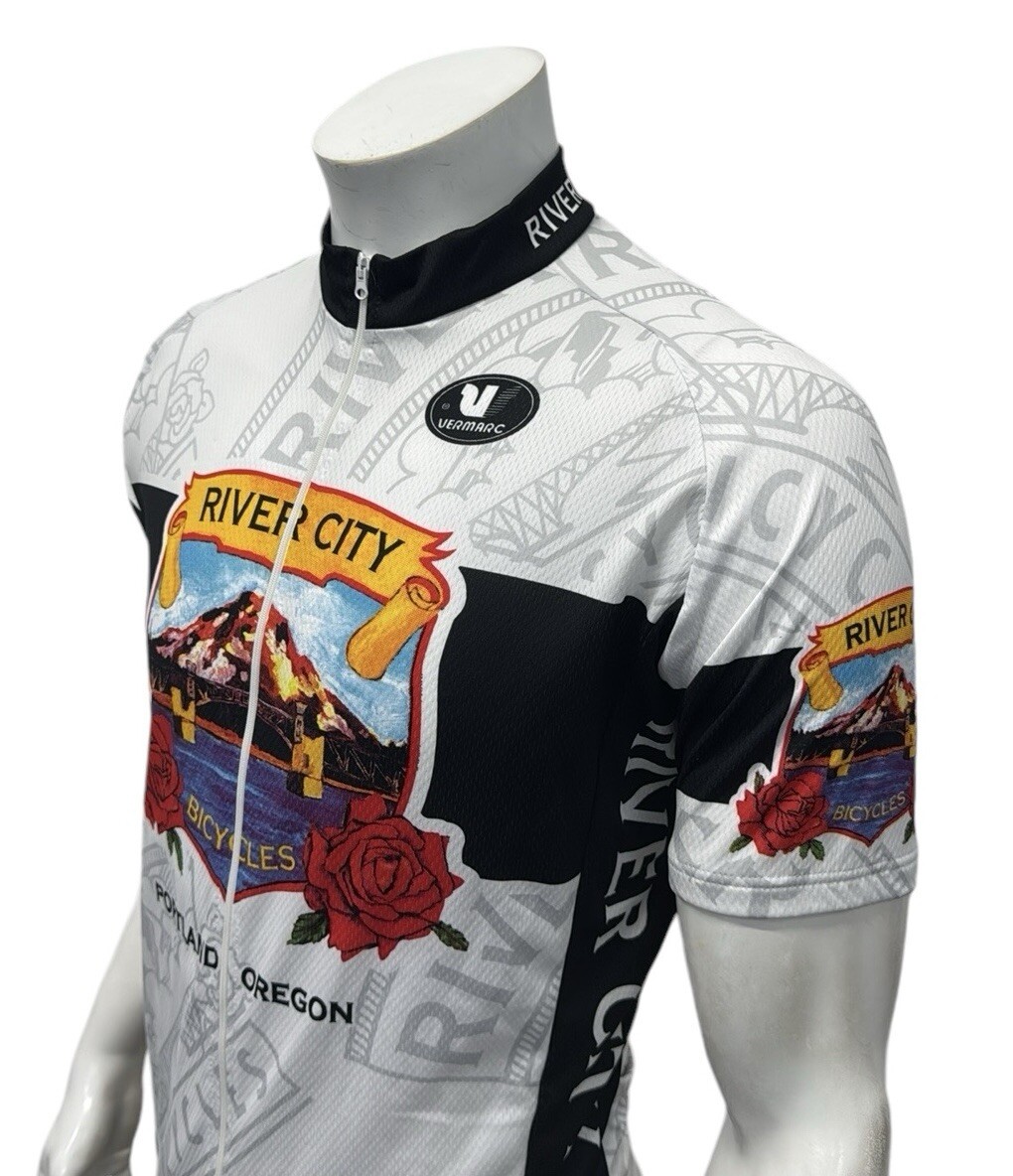 River City Bicycles Portland Oregon White Multi-Color Graphic Cycling Jersey