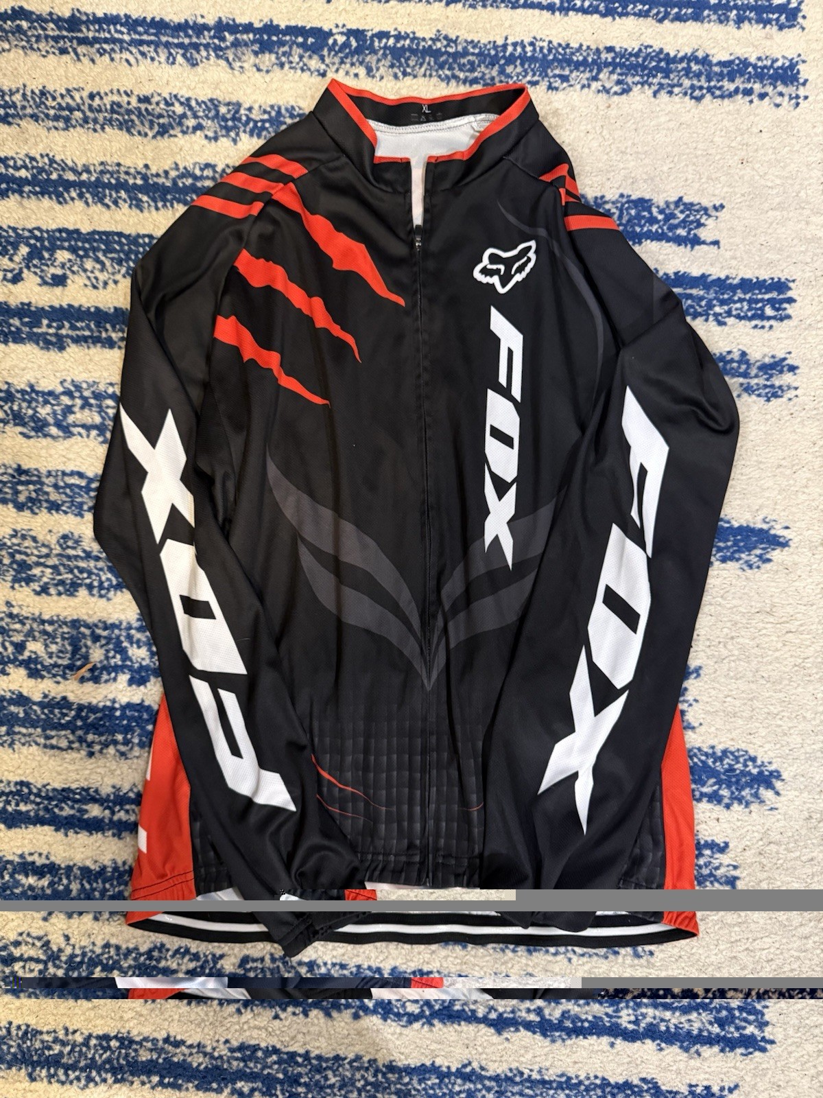 FOX Full Zip Long Sleeve Cycling Jersey XL Black Red White Collared Print