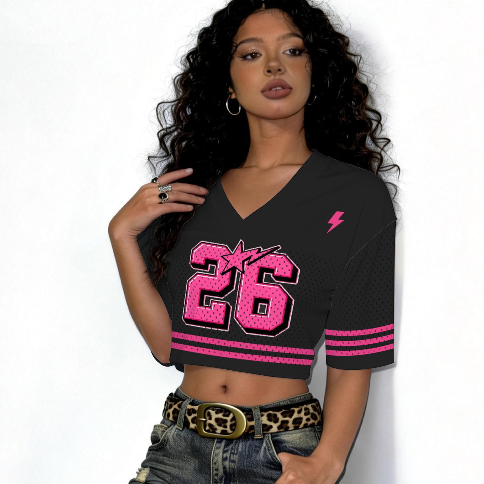 Ladies Y2K Crop Top Football Shirt Black Pink V Neck No 26