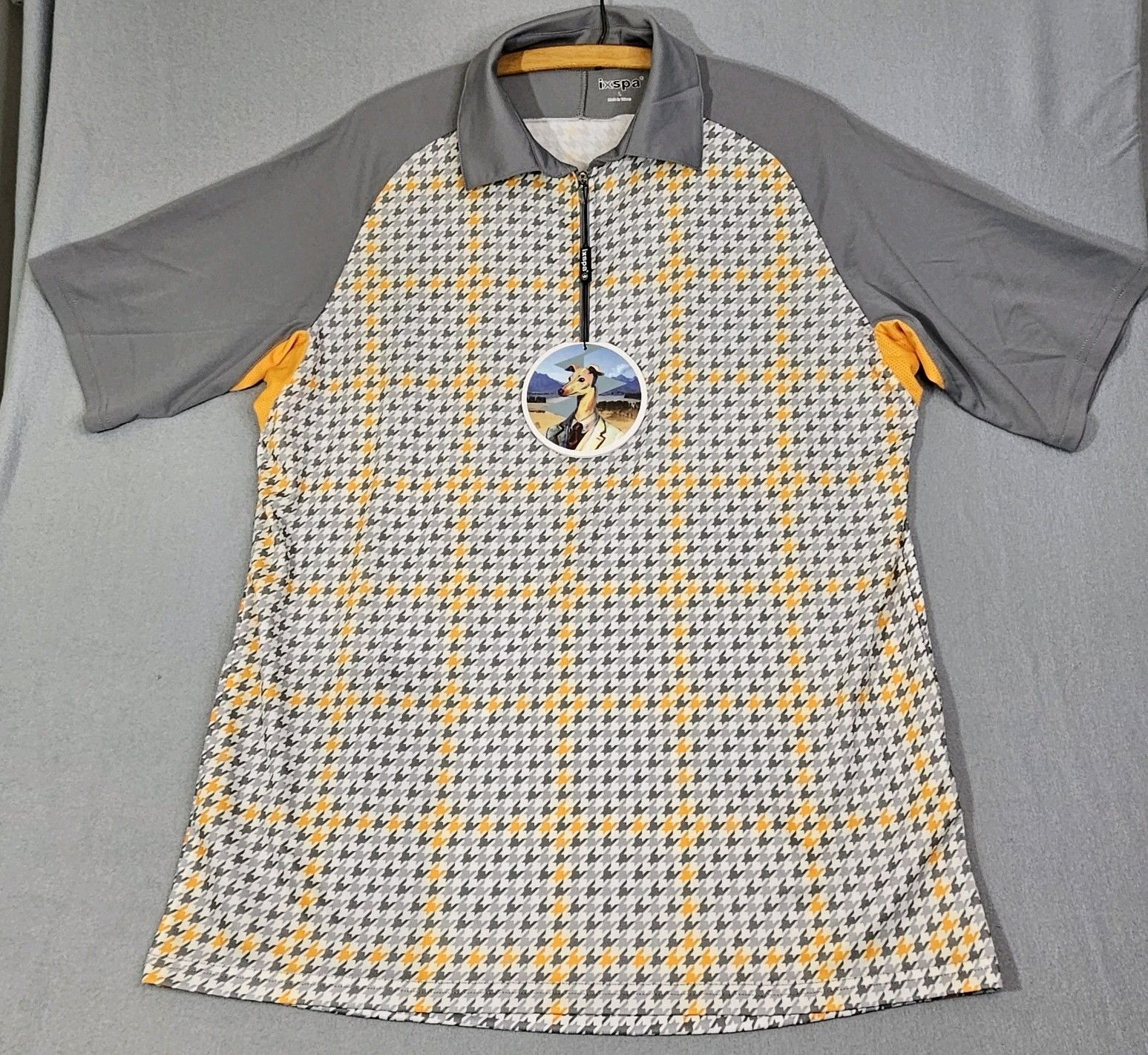 NEW W/Tags IXSPA Men’s Large Hound-Tooth-Check, zip-Polo Cycling/Golfing Shirt