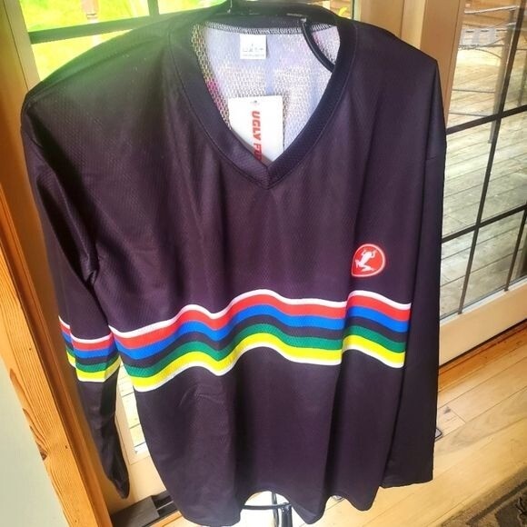 Ugly Frog Cycling Long Sleeve Vneck Black Rainbow Stripes Sz. L Jersey