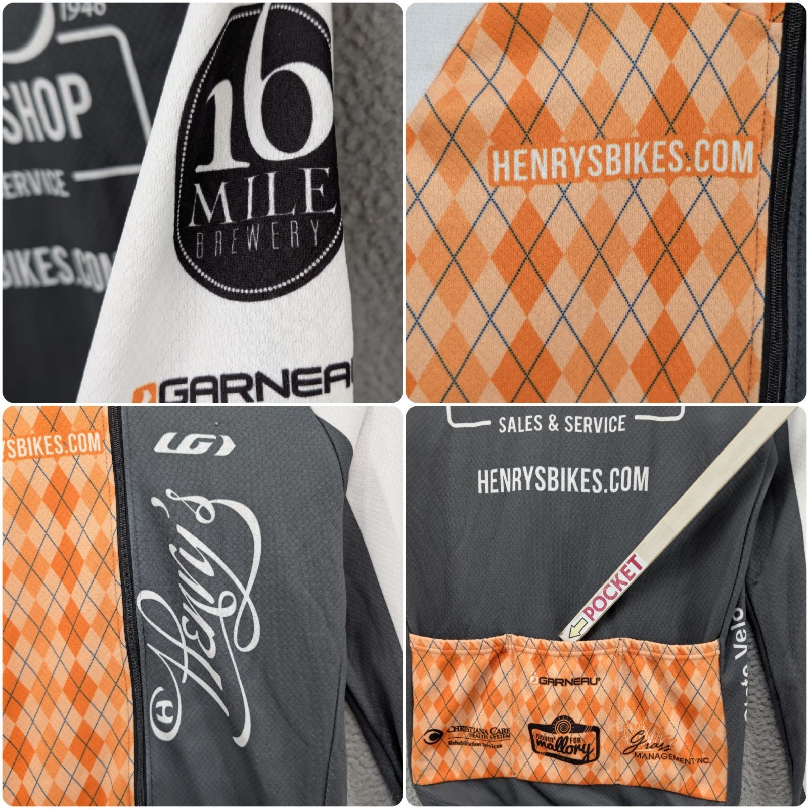 Louis Garneau Cycling Shirt Mens Orange Multi Full Zip Mock Neck Pockets Size M