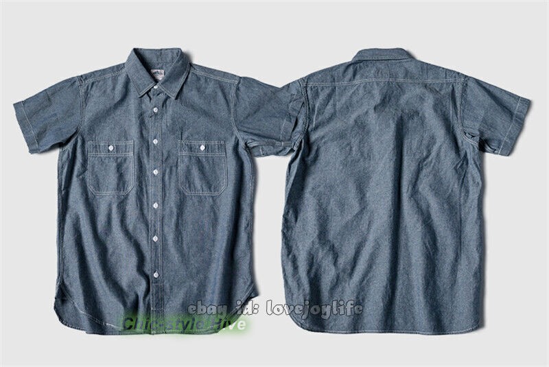 NON STOCK Chambray Short Sleeve Shirt Classic Men’s Regular Fit Workshirt Blue
