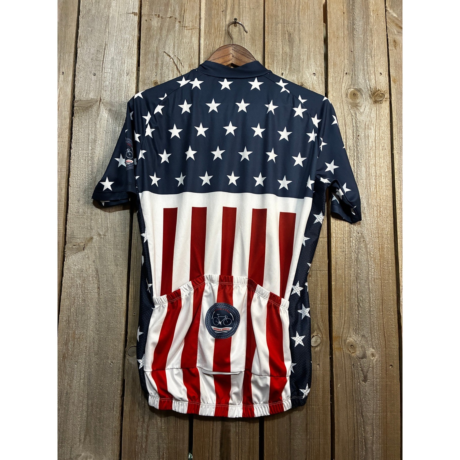 Nashrio Sports American Flag Cycling Jersey Mens Large Stars Stripes Red Blue