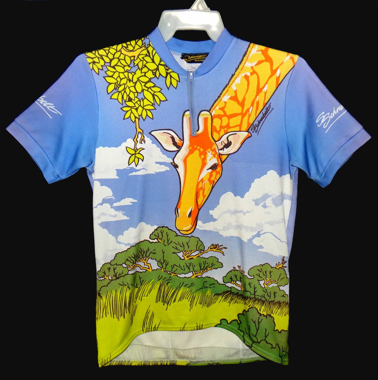 Vintage Sz L Schnaubelt Designer Cycling Jersey Giraffe Blue Multi Poly