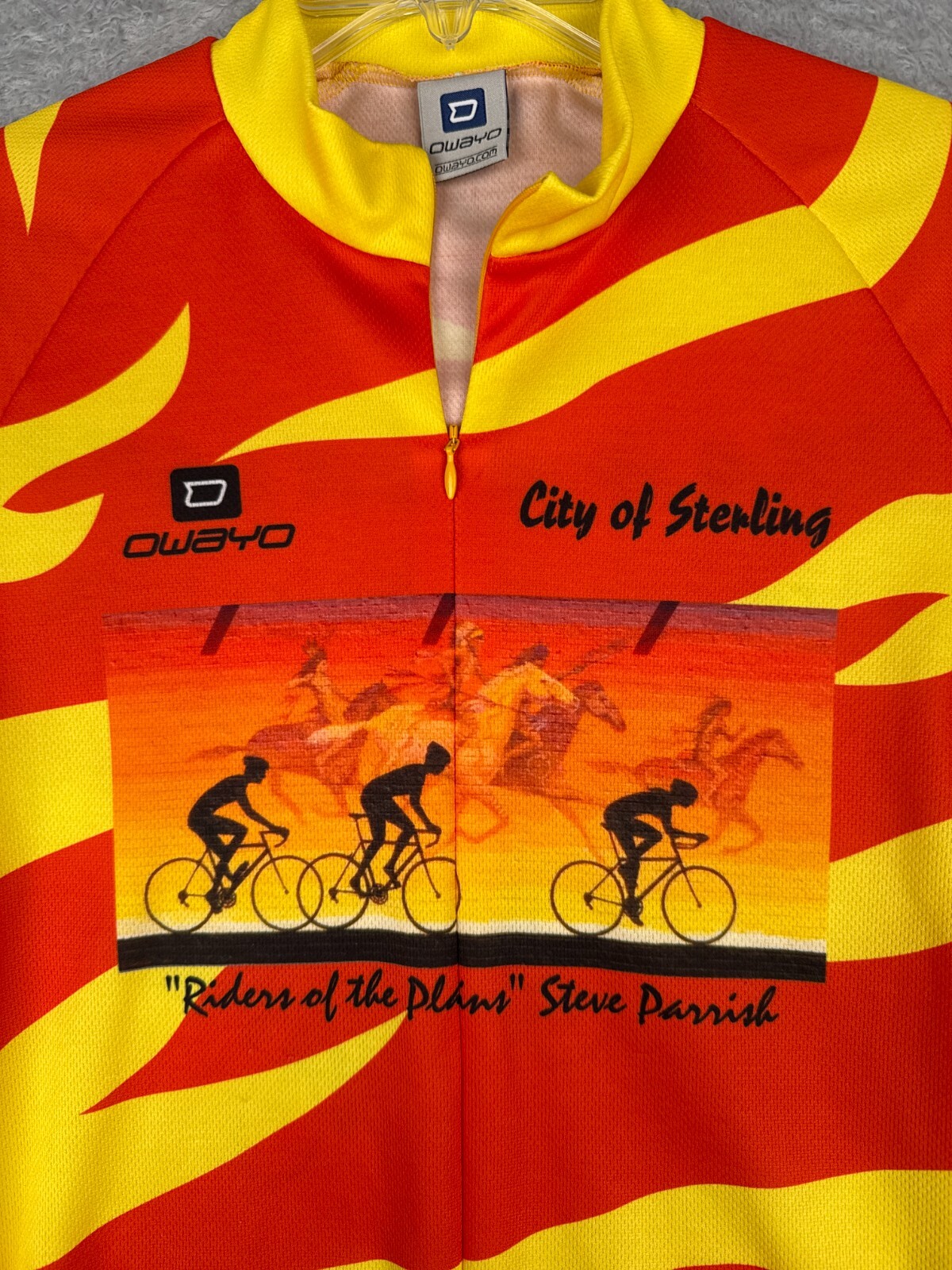 Owayo Cycling Jersey Men Medium Red Yellow Tiger Stripe 1/2 Zip City Of Sterling