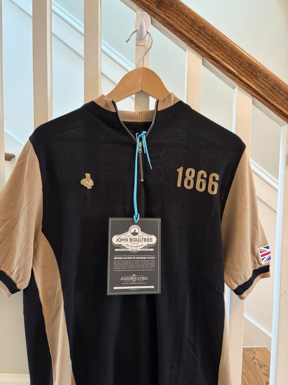 John Boultbee Men’s Cycling Jersey XL Black/Tan Colorblock Wool 1/4 Zip Pockets