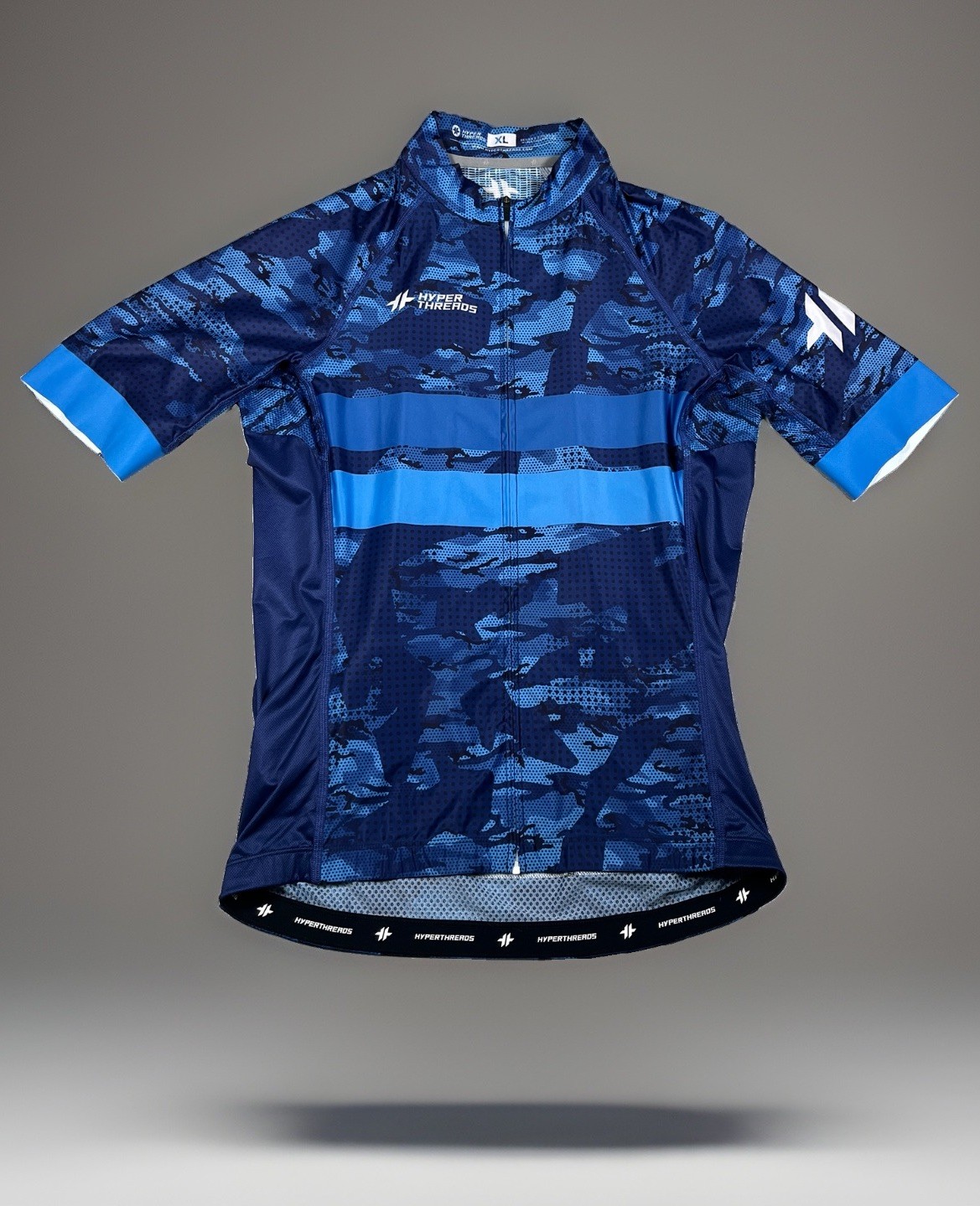 HyperThreads Cycling Bicycle Jersey Men Size XL Blue Camo Full Zip/Pockets *EUC