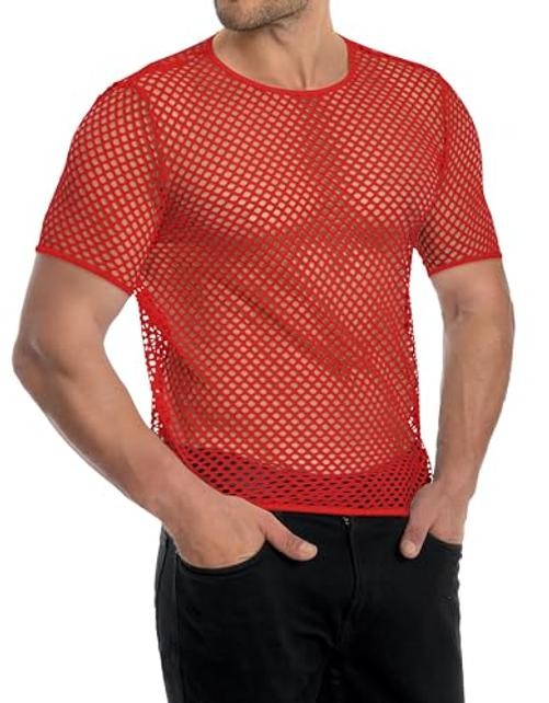 Men’s Mesh Fishnet Top Short Sleeve Sheer See Through T Shirt Fitted Large Red