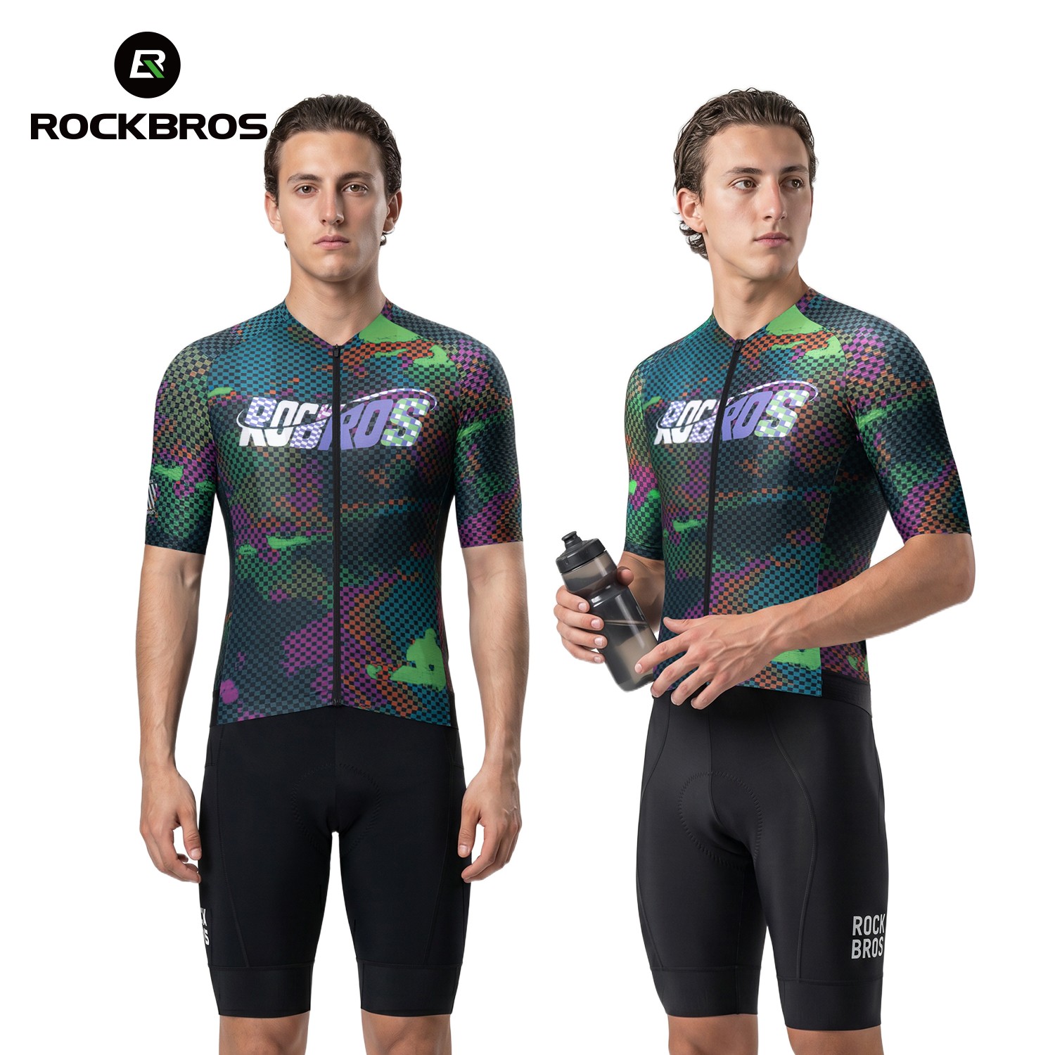 ROCKBROS Men’s Short Sleeve Cycling Jersey Pixel Print Breathable Quick Dry