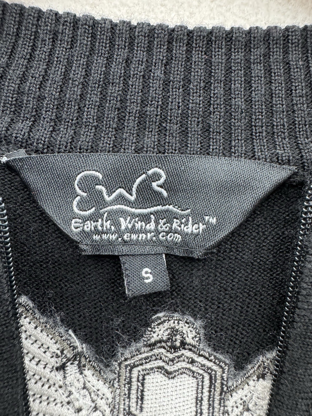 RARE VTG Earth Wind & Rider Small 100% Wool 1/4 Zip Cycling Jersey Black White