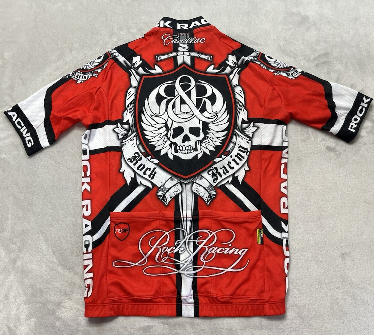 Rock Racing Cycling Jersey Men Large Red Black Skulls Full Zip Cadillac made USA