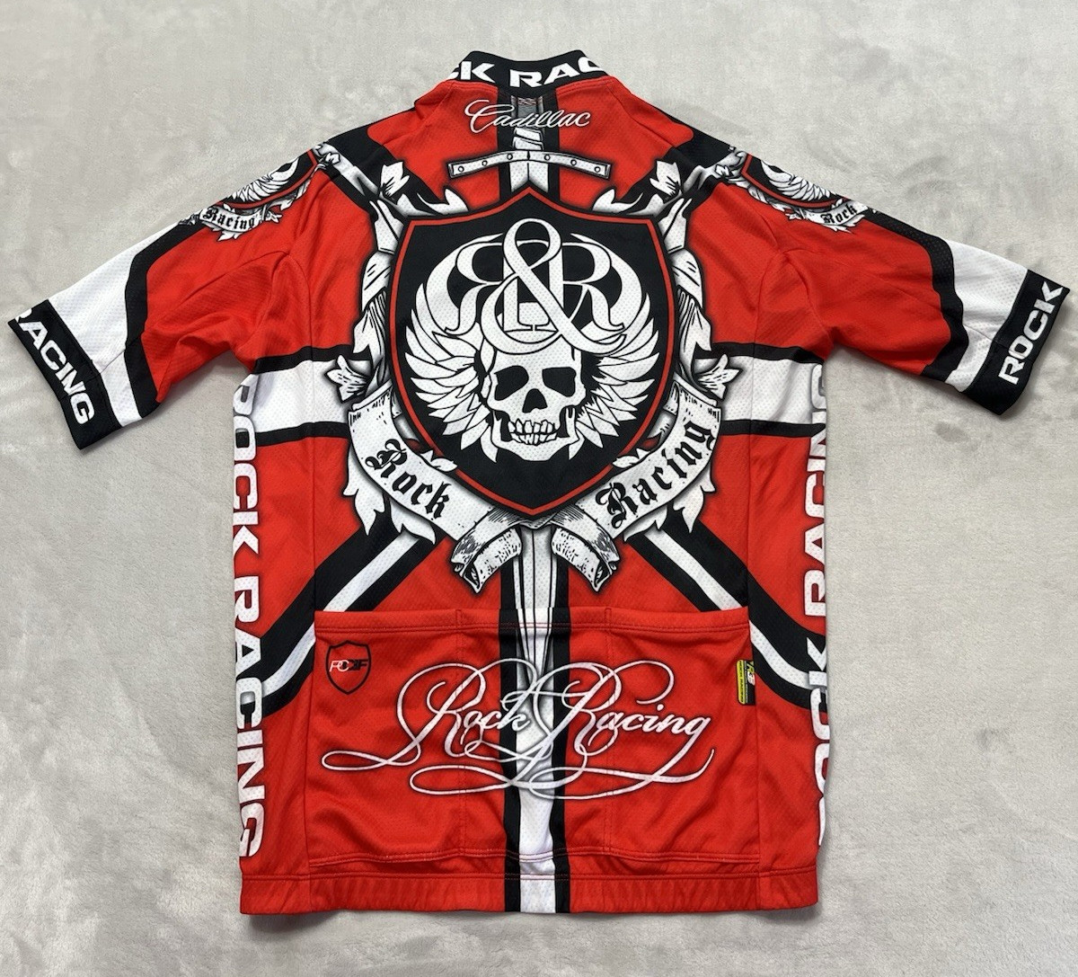 Rock Racing Cycling Jersey Men Large Red Black Skulls Full Zip Cadillac made USA