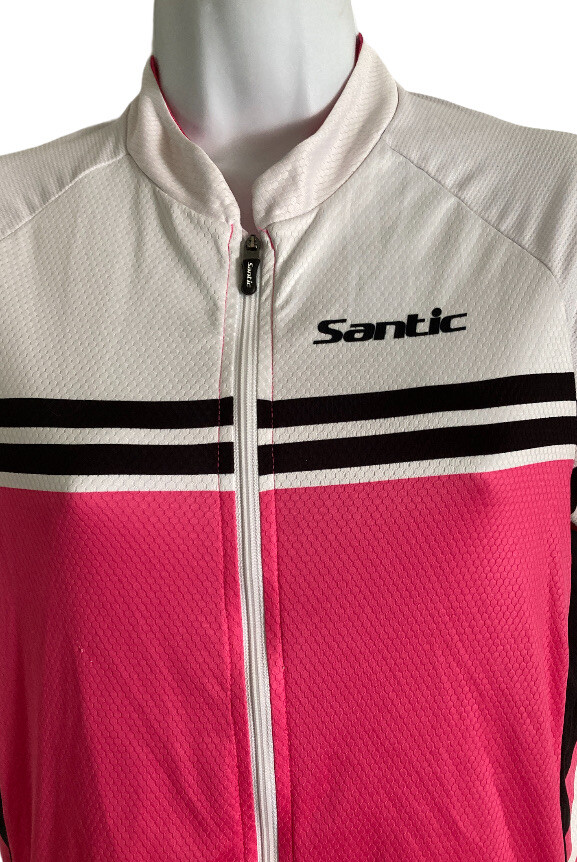 Santic Cycling Jersey Womens Sz Large Zip UP Short Sleeves Pink White Black