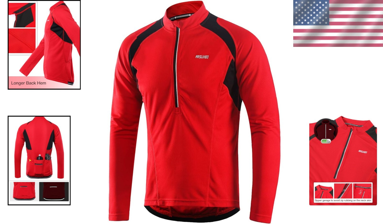 High Neck Long Sleeve Cycling Jersey for Men – Lightweight with 4 Pockets in Red