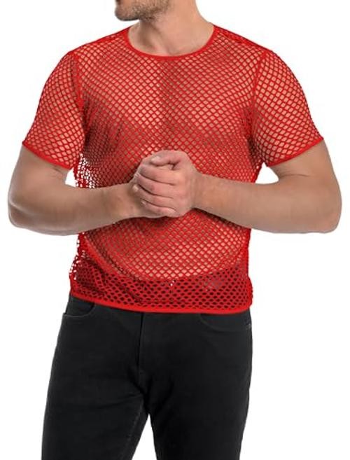 Men’s Mesh Fishnet Top Short Sleeve Sheer See Through T Shirt Fitted Large Red