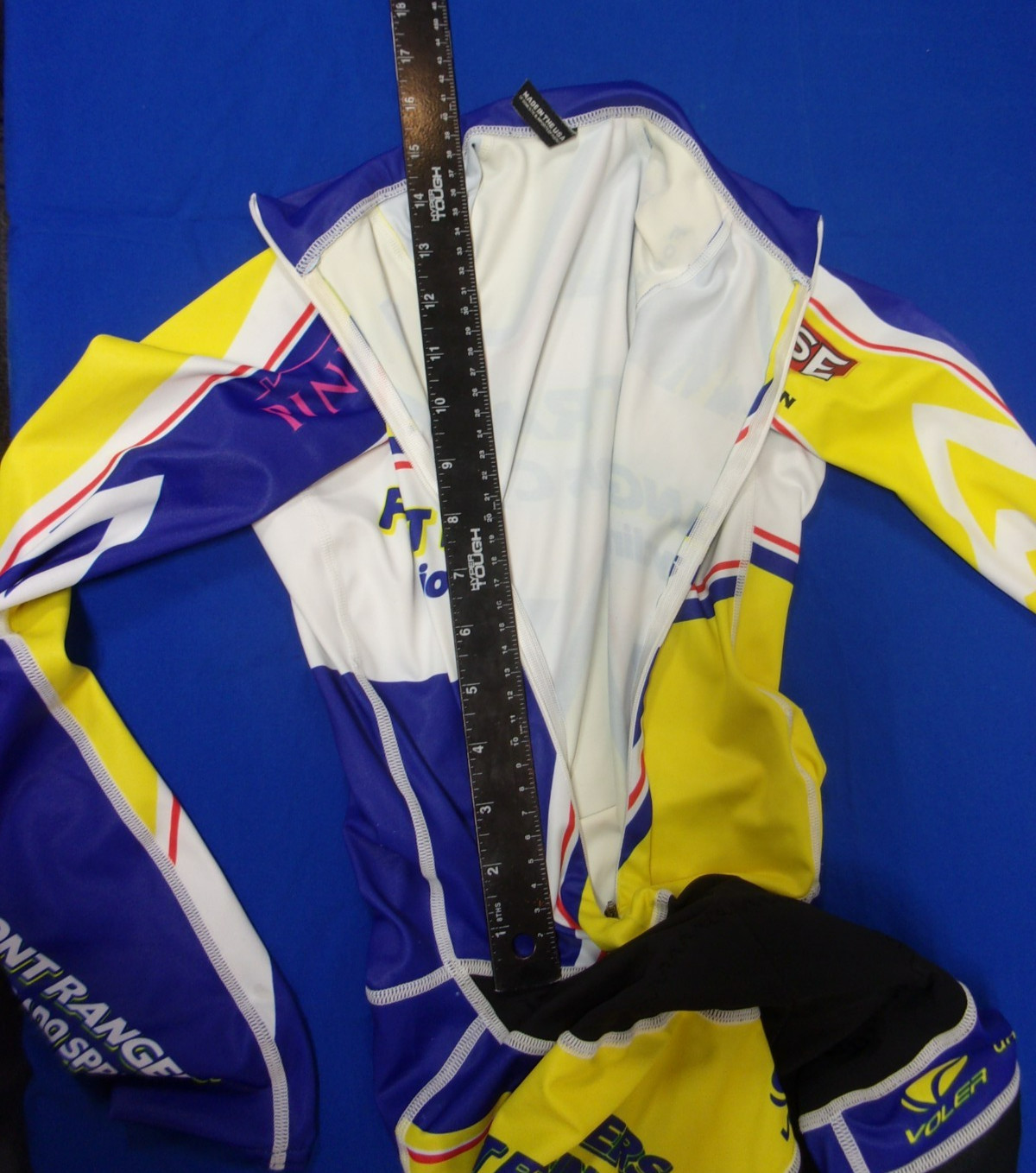 DESIGNER VOLER FRONT RANGERS PADDED YELLOW/ BLUE CYCLING SUIT WOMEN’S X-SMALL