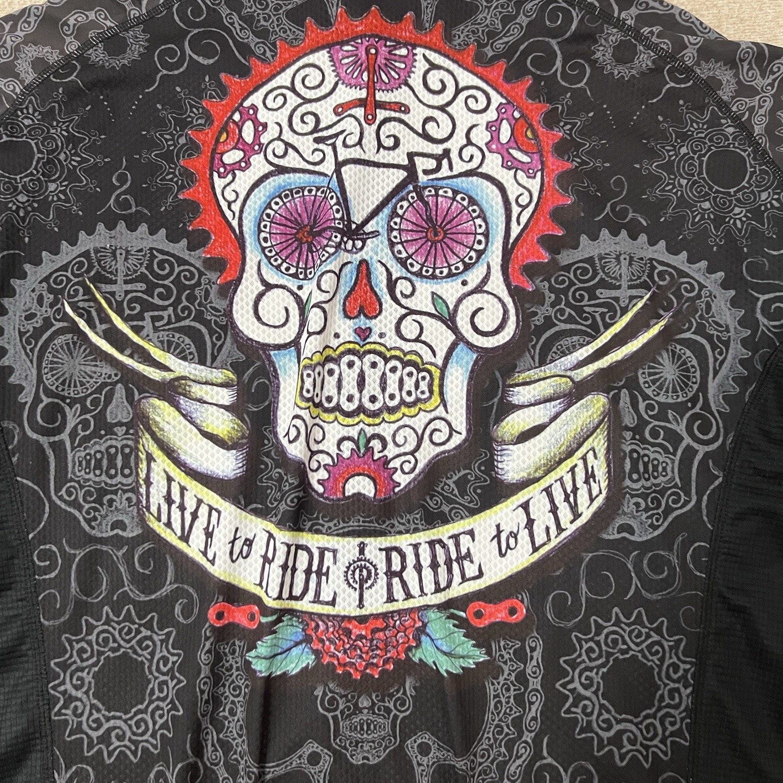 Cycology Jersey Mens M-L Cycling Full Zip All Over Print Skull Tribal Graphic