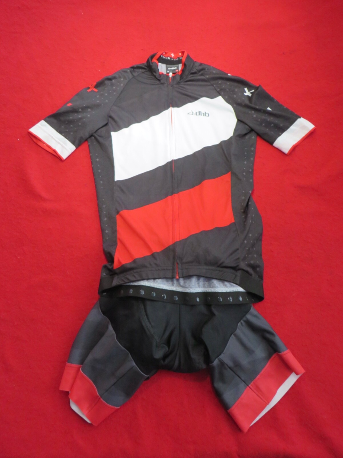 DHB Mens Cycling Jersey and Bib Short Set – UK design – Black/Red/White – XS