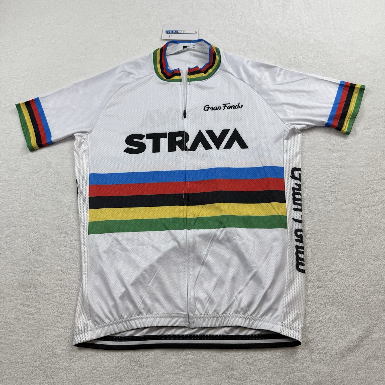 Strava Gran Fondo Cycling Jersey Shirt XL White Patch World Champion Stripes